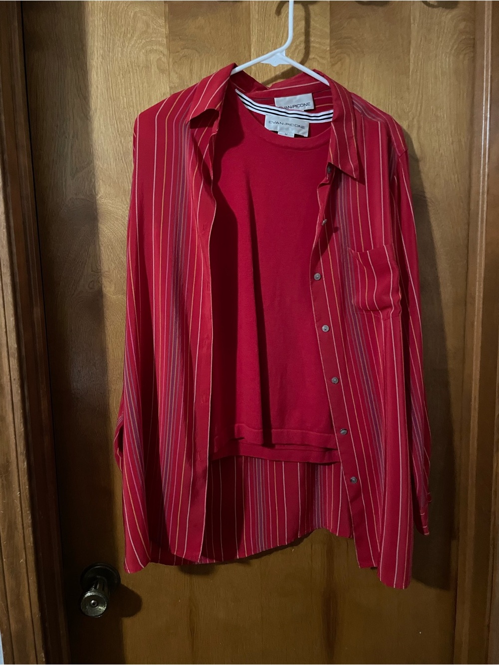 Evan Picone set with Red Vertical-Stripe Button-Down Shirt and knit shell